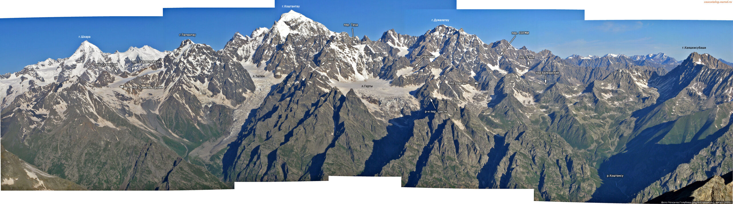 Кавказский хребет с названиями вершин